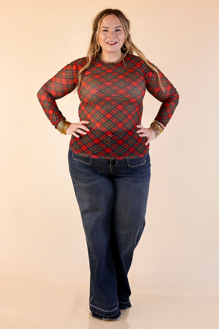 The Perfect Layer Tartan Plaid Print Mesh Long Sleeve Top in Red