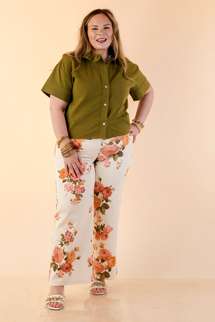 Casual Composure Button Front Short Sleeve Linen Top in Olive Green