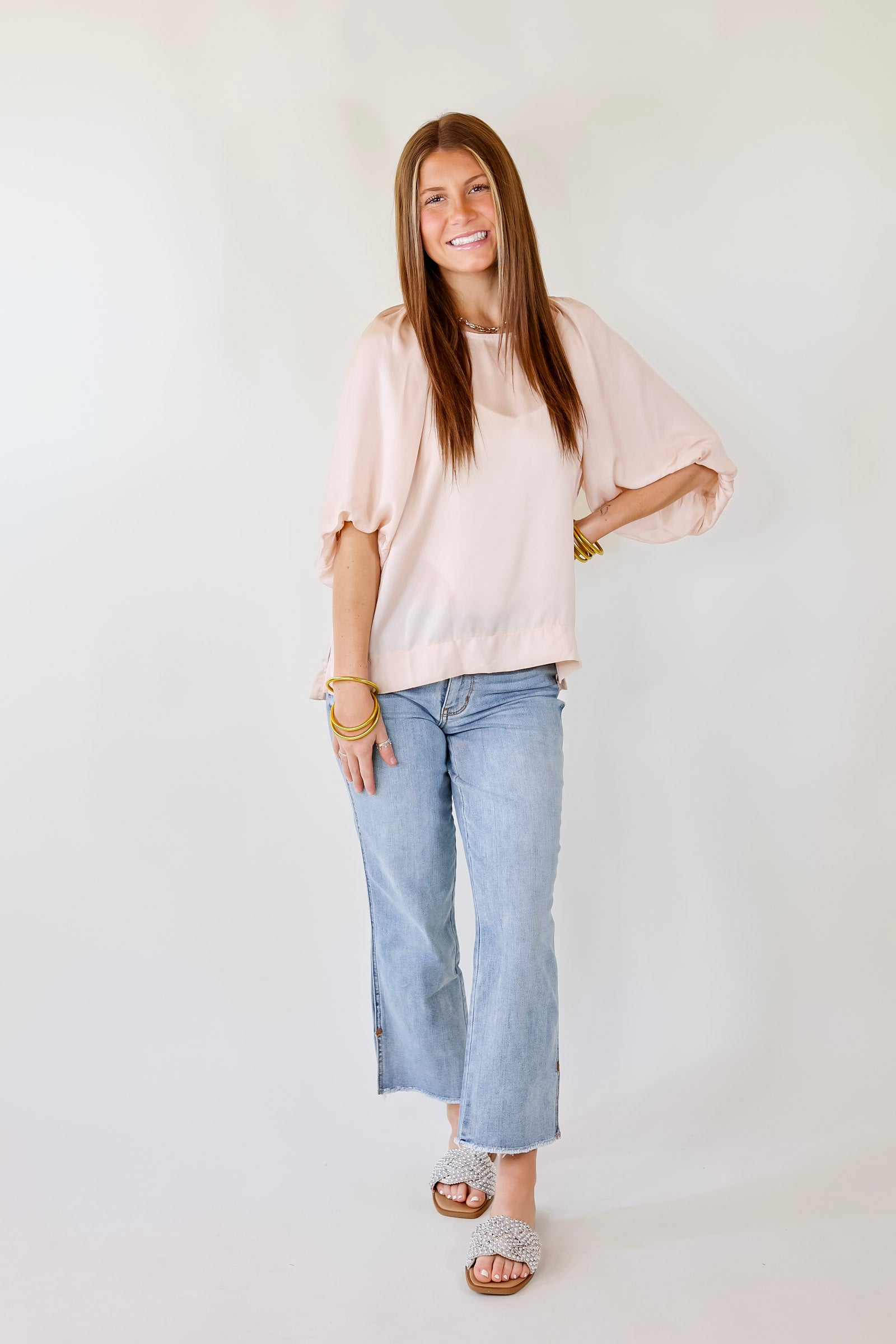 Flash A Smile Half Balloon Sleeve Satin Blouse in Champagne - Giddy Up Glamour Boutique