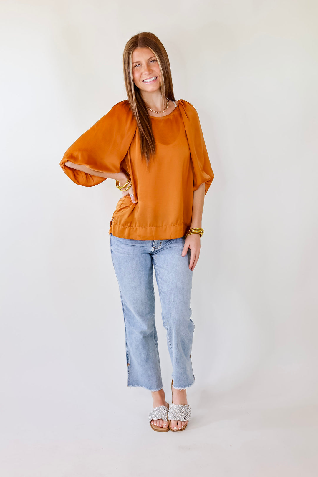 Flash A Smile Half Balloon Sleeve Satin Blouse in Burnt Orange - Giddy Up Glamour Boutique