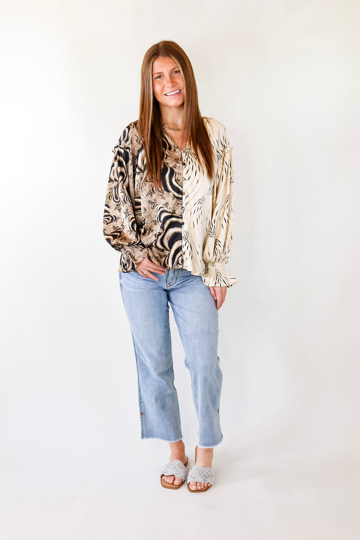 Play It Up Mix Print Button Up Blouse in Ivory Mix - Giddy Up Glamour Boutique