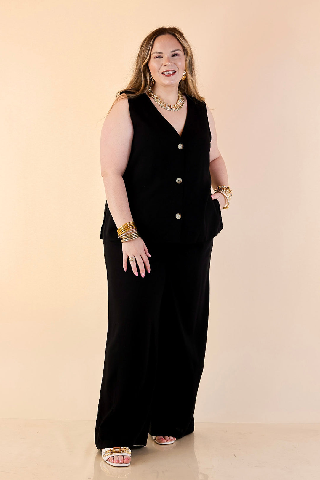 Styled for Success Button Up Linen Vest in Black