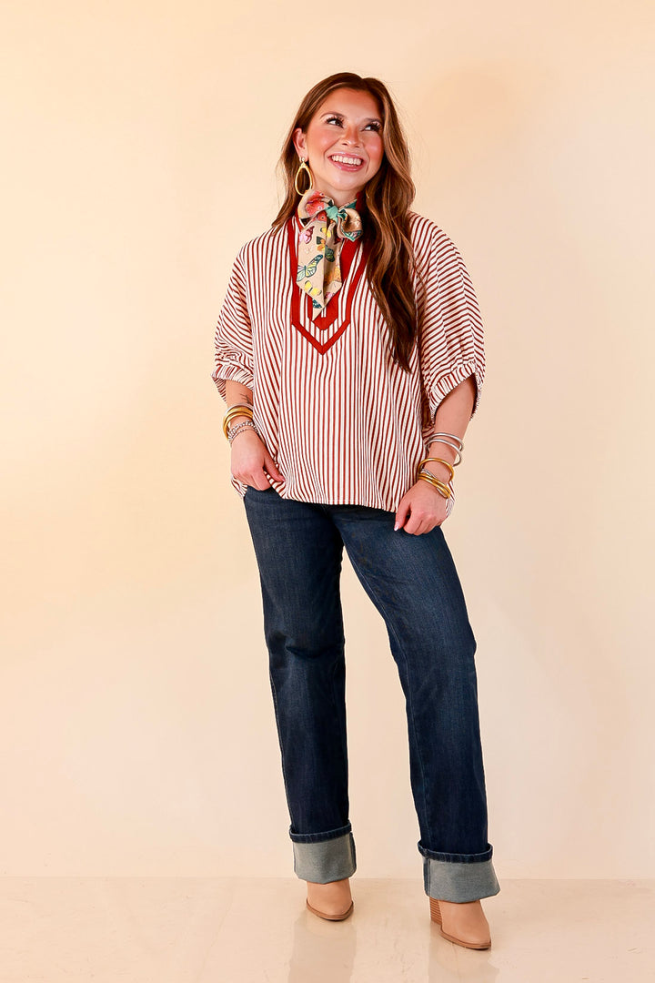 Naturally Stylish Stripe Top with Contrast Stripe Trim and Short Dolman Sleeves in Brick Red