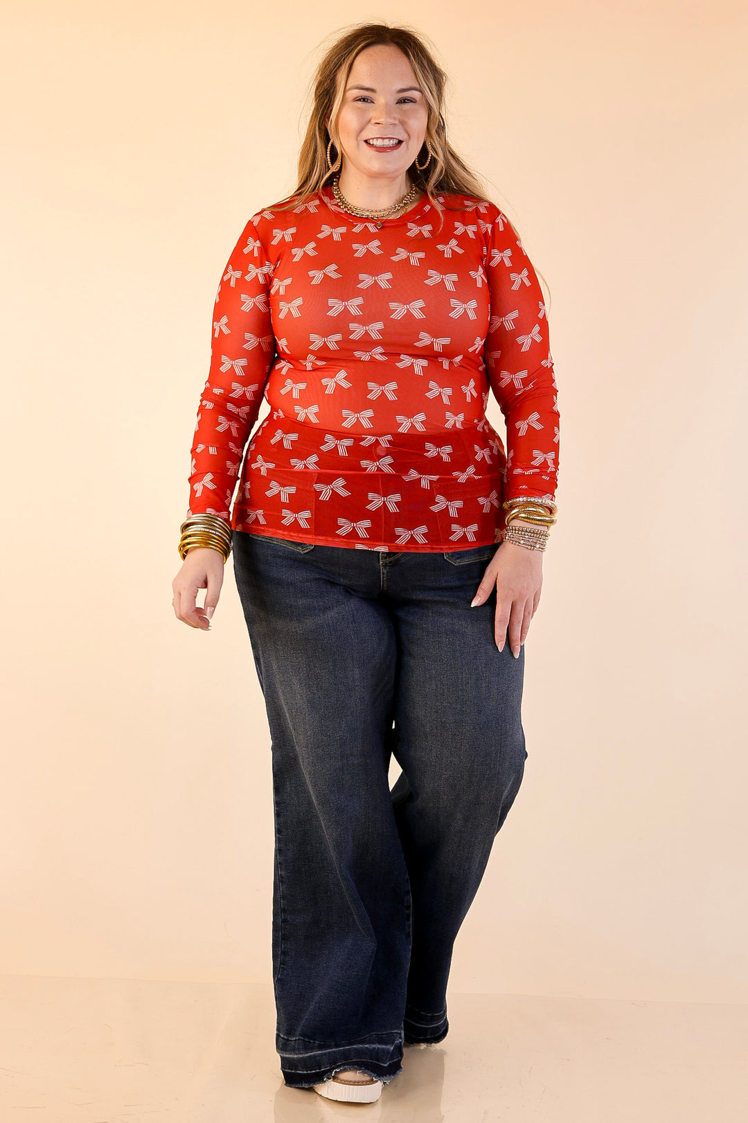 The Perfect Layer Bow Print Mesh Long Sleeve Top in Red and Ivory