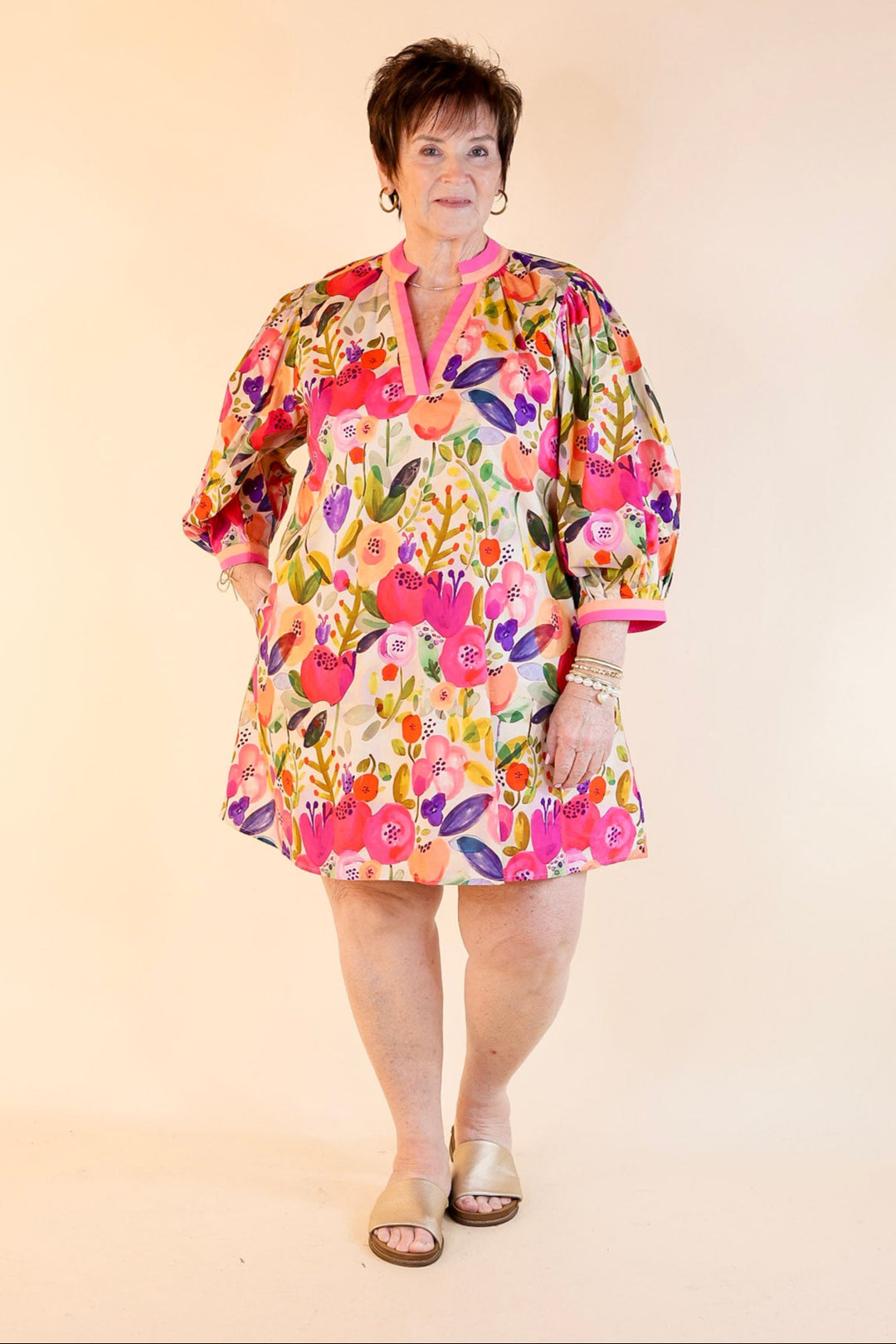 Pocketful of Petals V Neck Floral Print Dress with 3/4 Sleeves