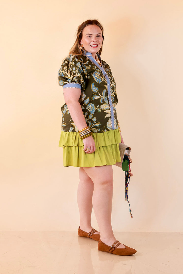 Pop of Polish Short Puff Sleeve Button Front Floral Top with Contrast Trim in Olive Green and Blue