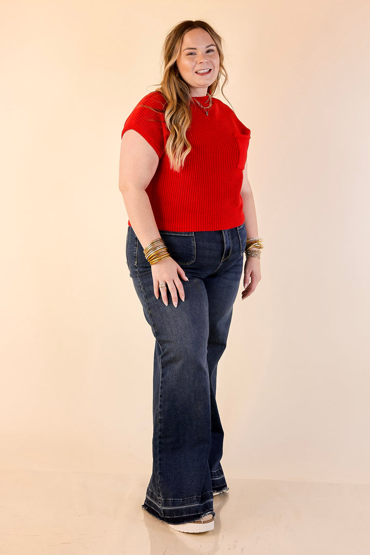 Repeat Worthy Cap Sleeve Cropped Sweater with Front Pocket in Red