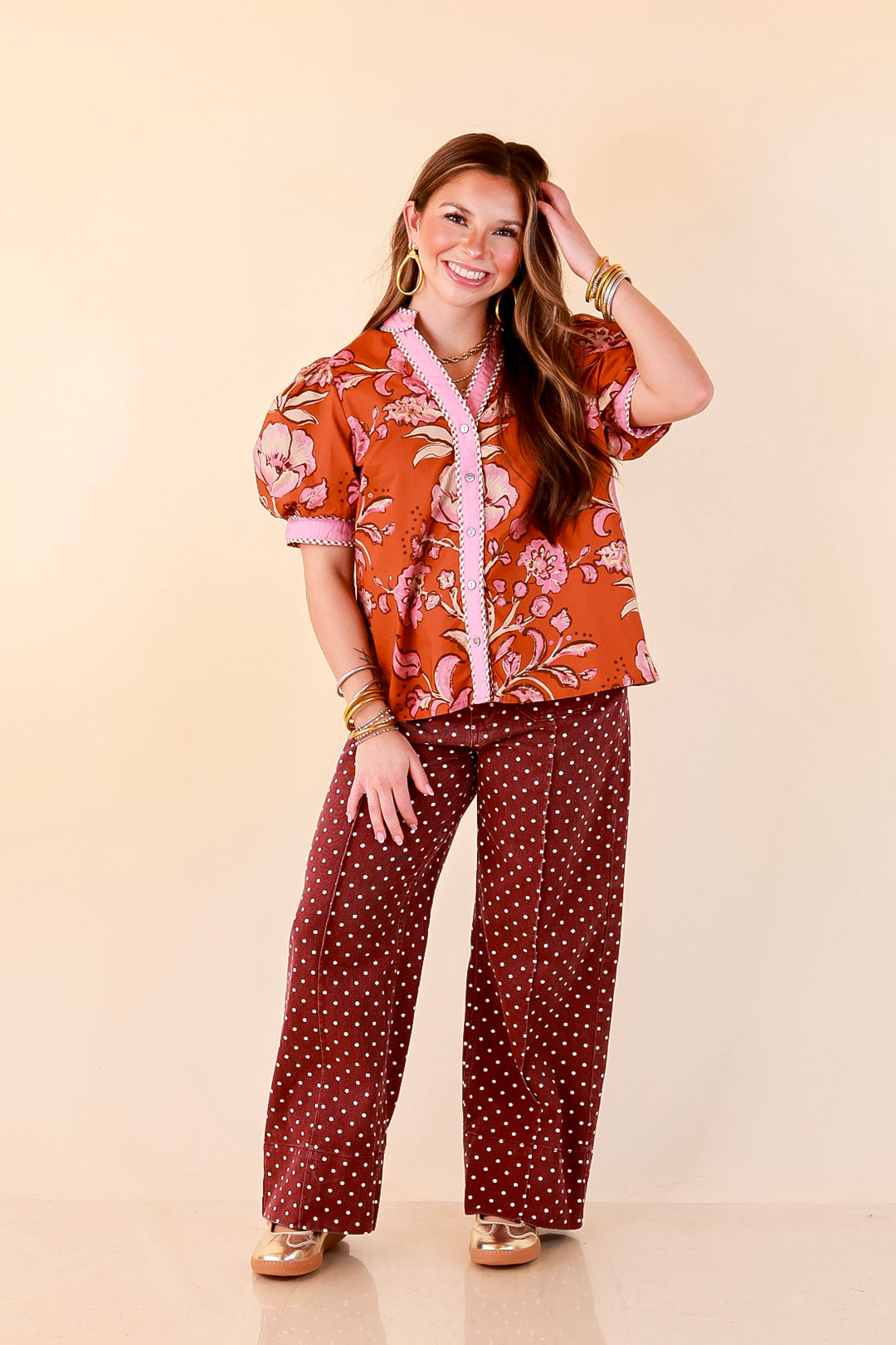 Pop of Polish Short Puff Sleeve Button Front Floral Top with Contrast Trim in Rust Orange and Pink
