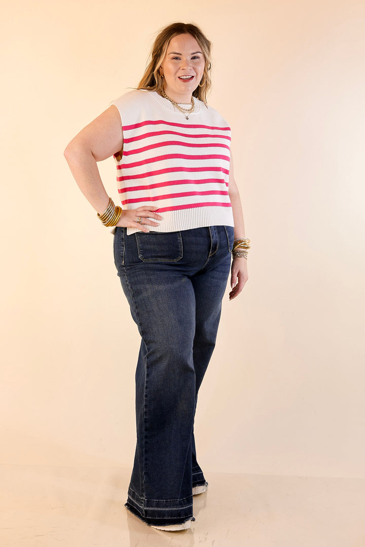 Stripe Things Up Drop Shoulder Knit Sweater in White with Hot Pink Stripes