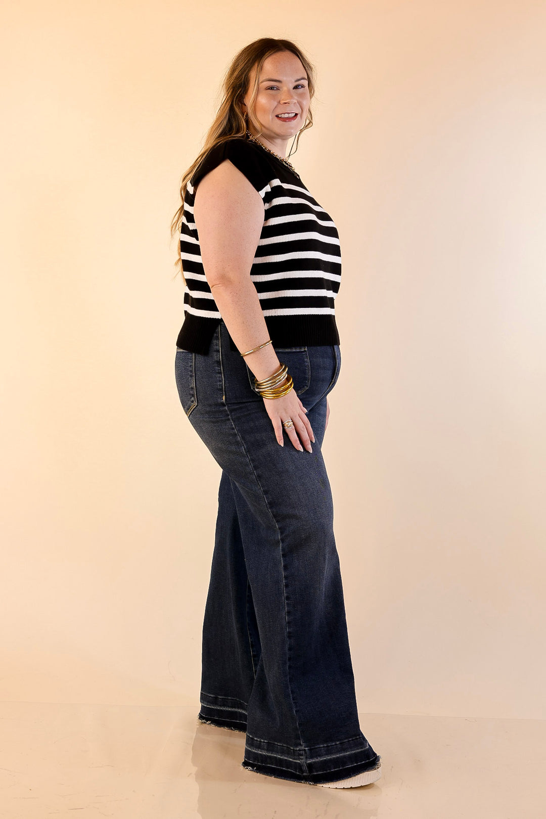 Stripe Things Up Drop Shoulder Knit Sweater in Black with Ivory Stripes