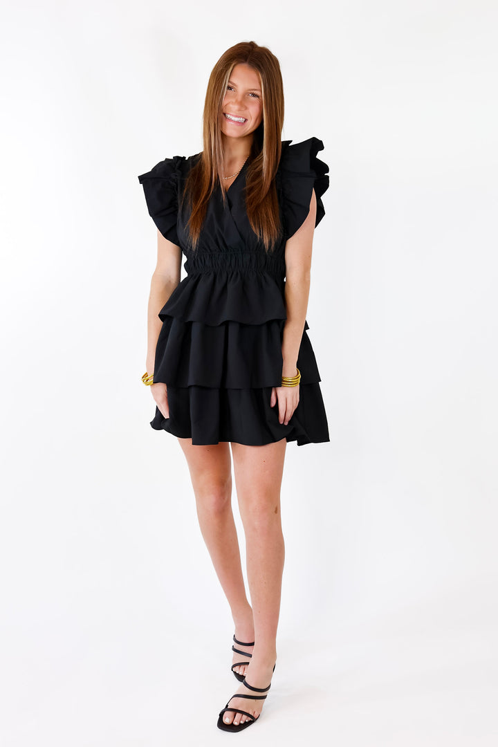 The Perfect Night Ruffle Cap Sleeve Dress in Black - Giddy Up Glamour Boutique