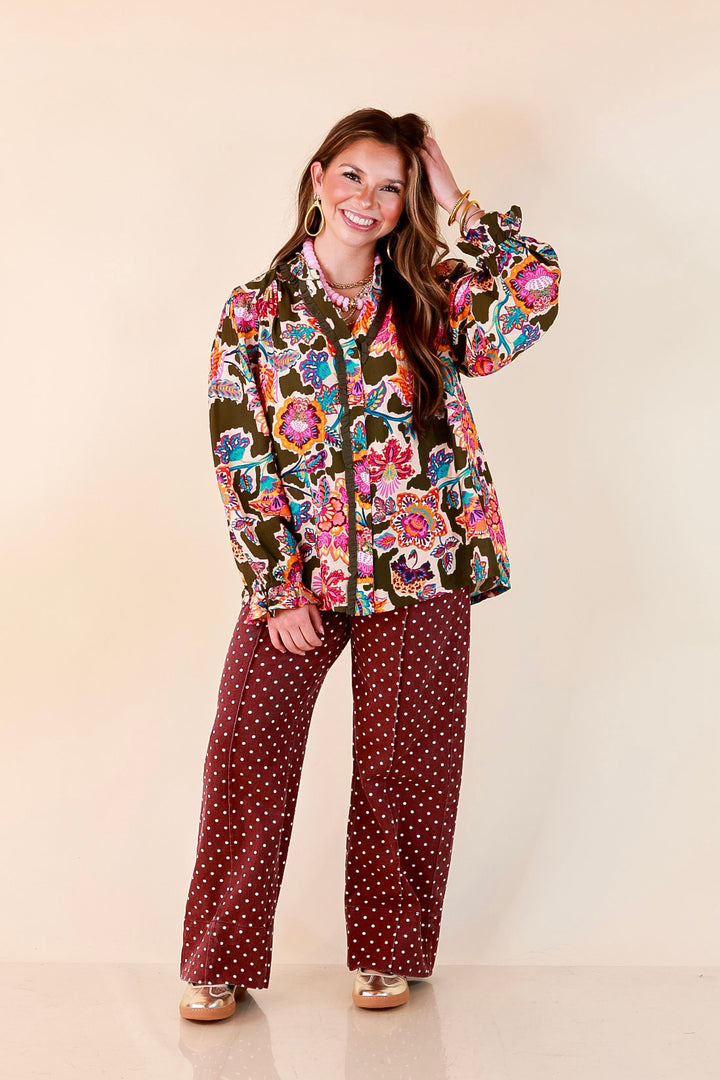 Petal Pop Floral Print Ruffle Front Button Up Long Sleeve Top with Balloon Sleeves in Olive Green