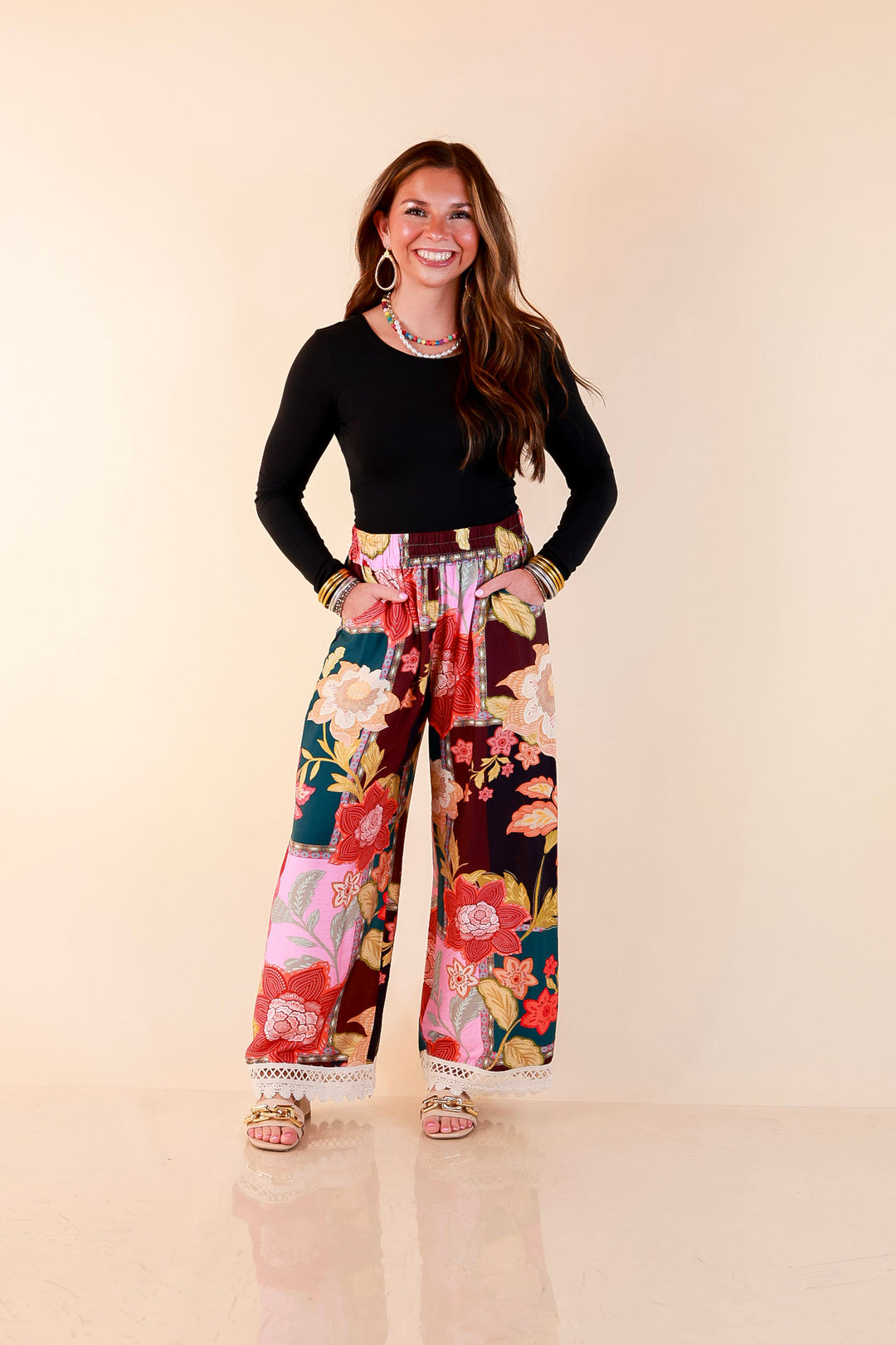 Patchwork Flair Floral Patchwork Print Wide Leg Pants with Lace Trim in Pink Mix