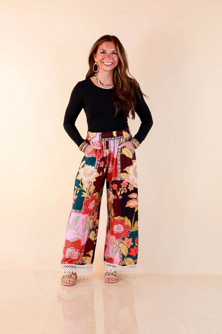 Patchwork Flair Floral Patchwork Print Wide Leg Pants with Lace Trim in Pink Mix