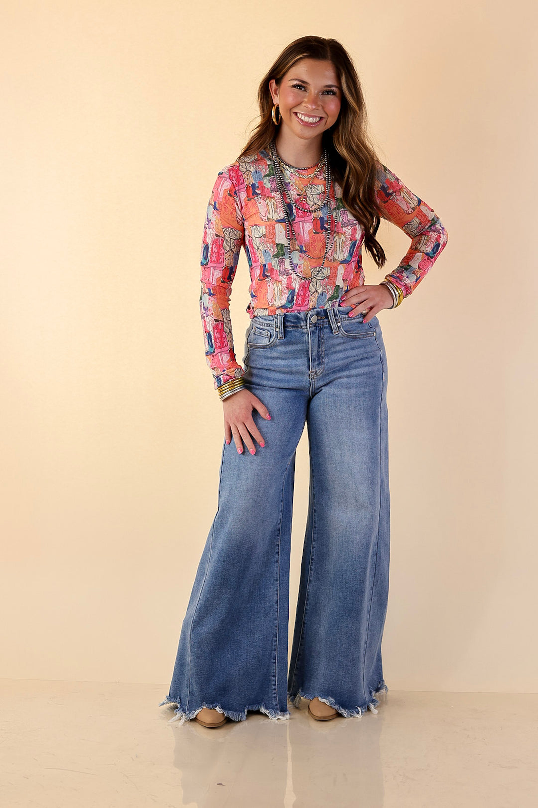 The Perfect Layer Western Boot Print Mesh Long Sleeve Top in Pink Multicolor