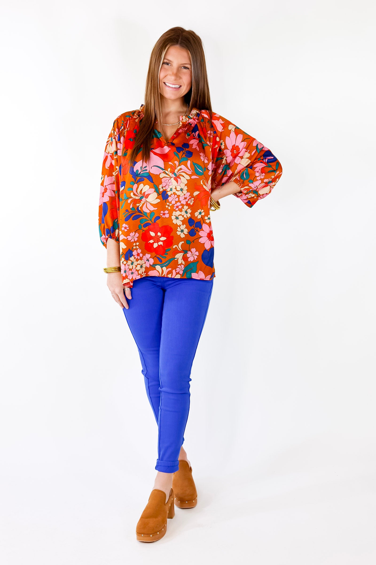 Falling For Floral 3/4 Sleeve Top with Notched Neck in Camel Brown - Giddy Up Glamour Boutique