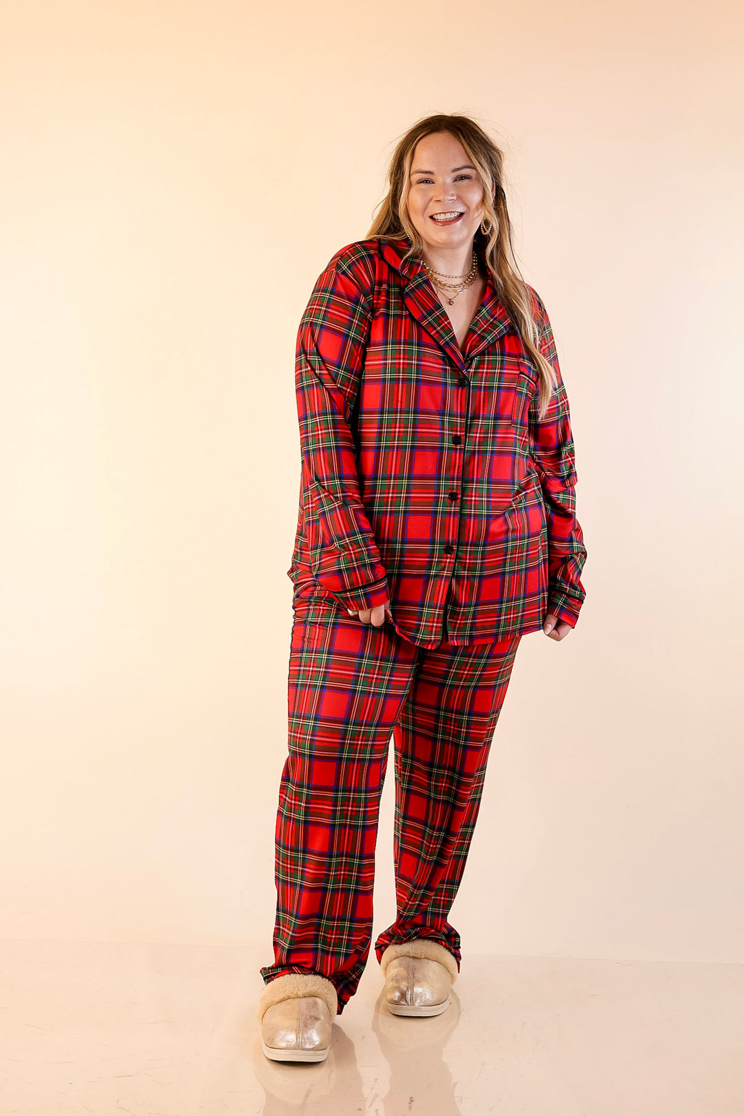 Holiday at Home Tartan Plaid Matching PJ Set with Black Trim in Red Plaid