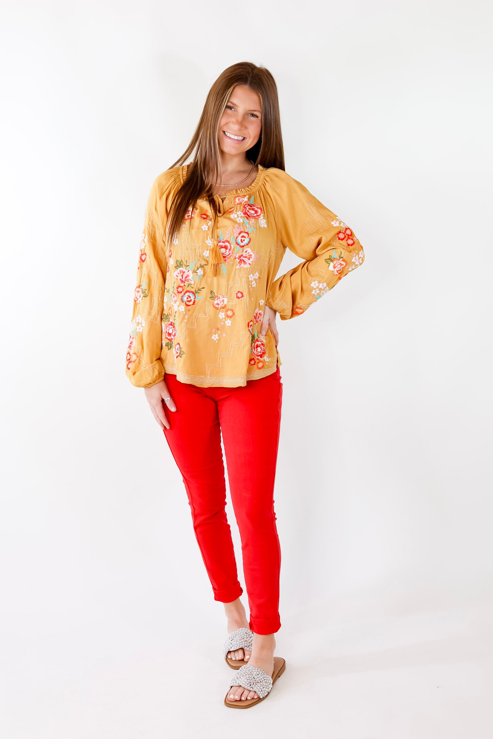 Fashionably Late Embroidered Long Sleeve Top with Front Keyhole and Tie in Mustard Yellow - Giddy Up Glamour Boutique