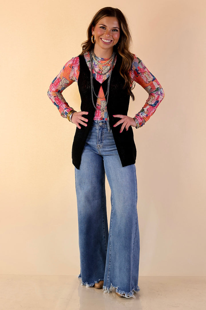 Effortlessly Elevated Textured Knit Front Clasp Sweater Vest in Black