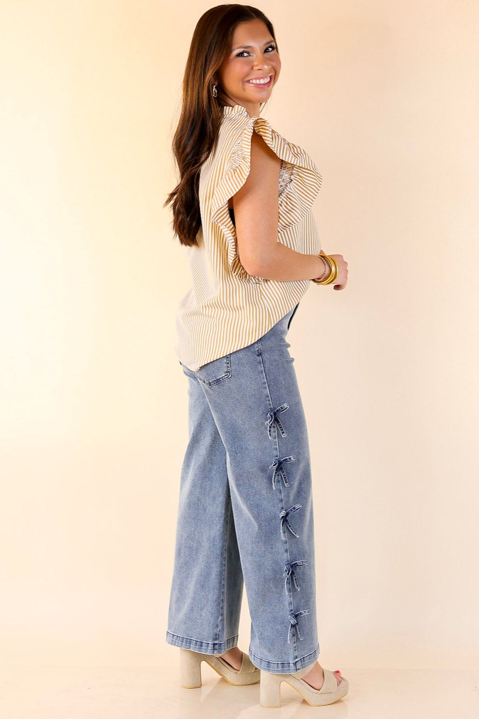 On A Break Ruffle Cap Sleeve Pin Stripe Top in Mustard Yellow and Ivory