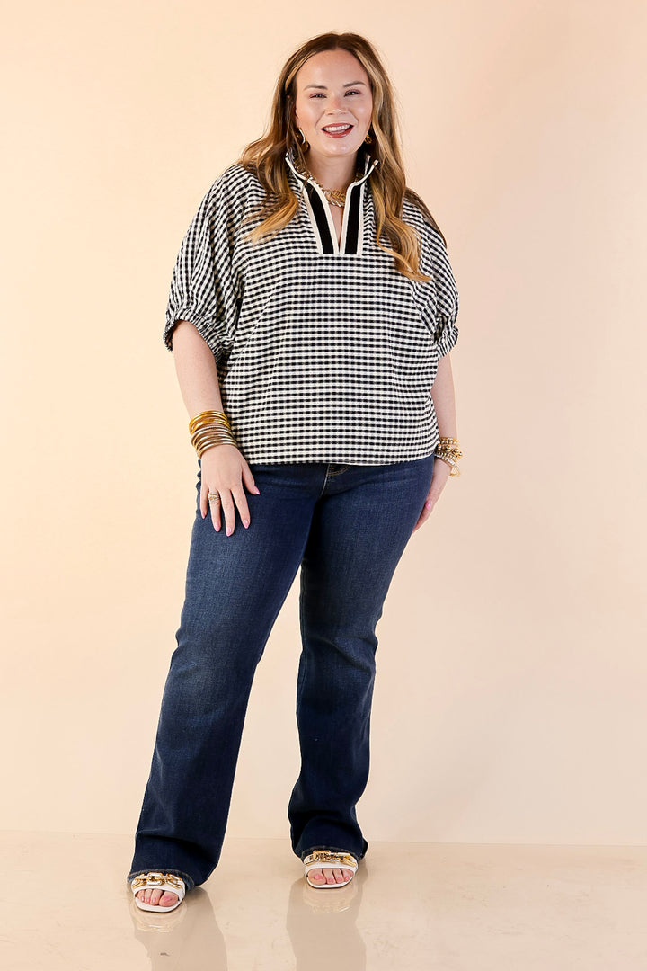 Naturally Stylish Gingham Plaid Top with Contrast Stripe Trim and Short Dolman Sleeves in Black