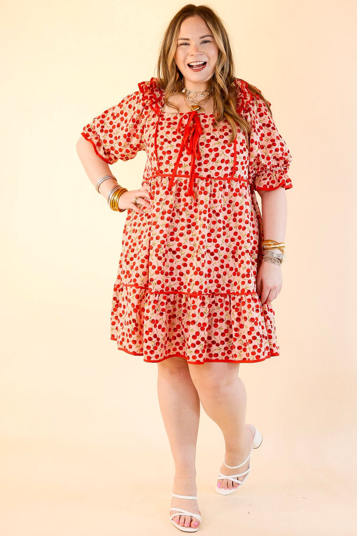 Cherry on Top Puff Sleeve Dress in Light Pink and Red