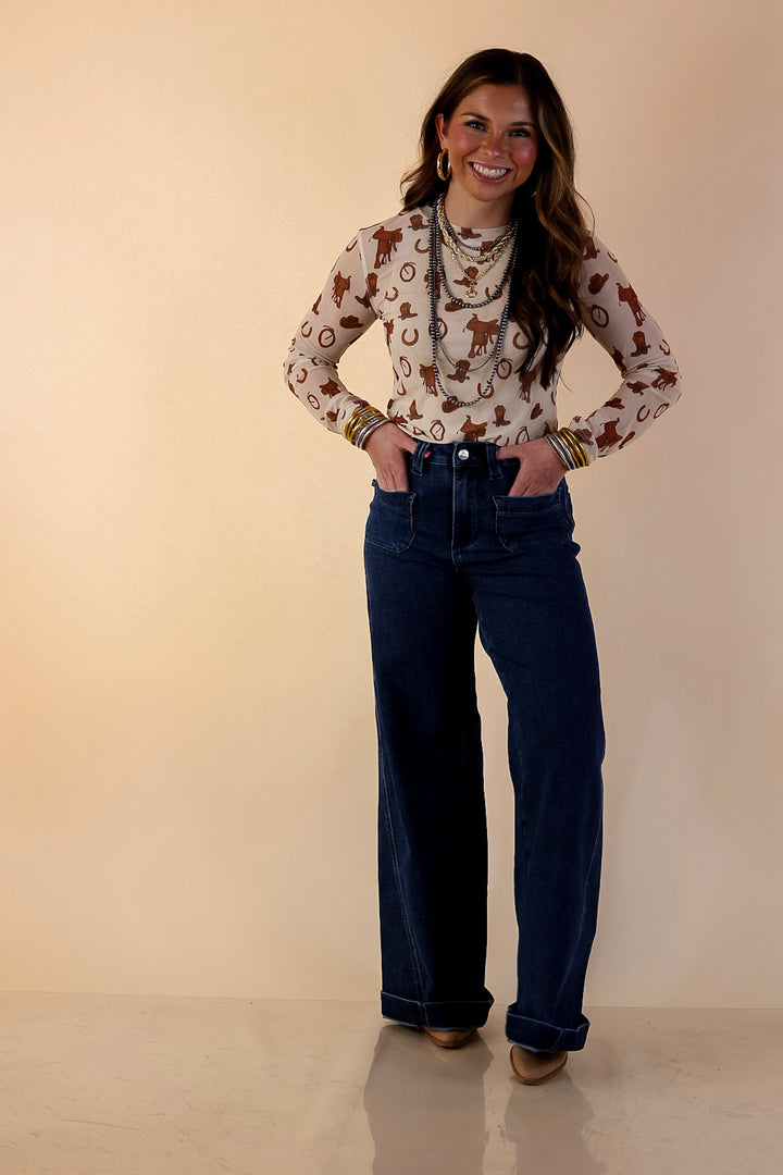 The Perfect Layer Western Icons Print Mesh Long Sleeve Top in Cream and Brown