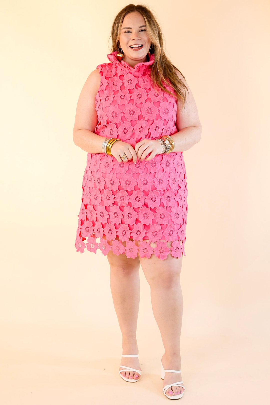 Dressed to Impress Lace Dress with Ruffled Mock Neck in Pink