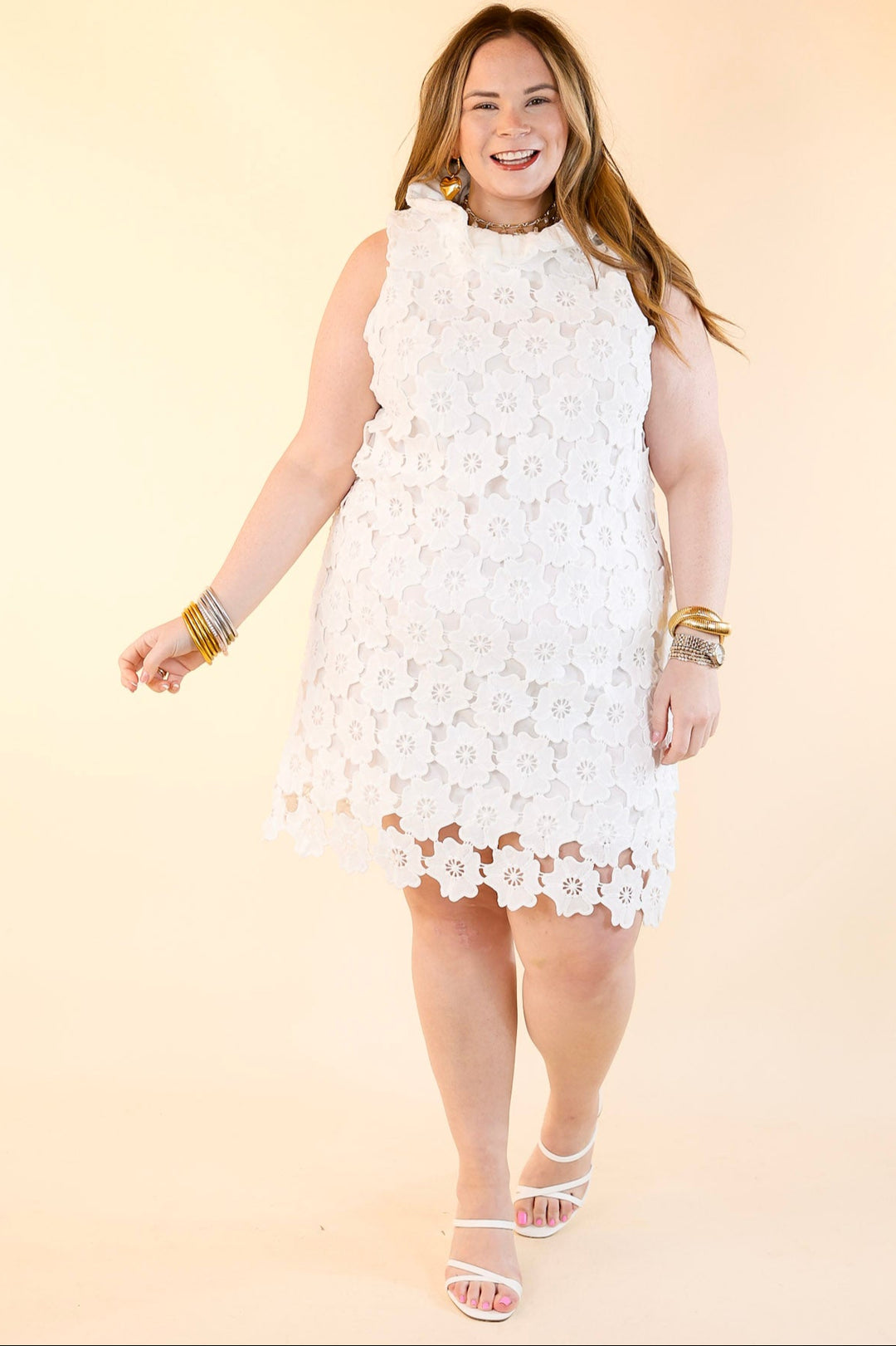 Dressed to Impress Lace Dress with Ruffled Mock Neck in Off White