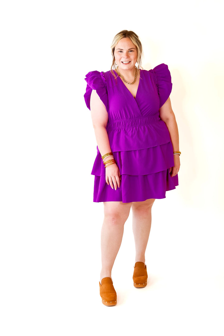 The Perfect Night Ruffle Cap Sleeve Dress in Violet Purple - Giddy Up Glamour Boutique
