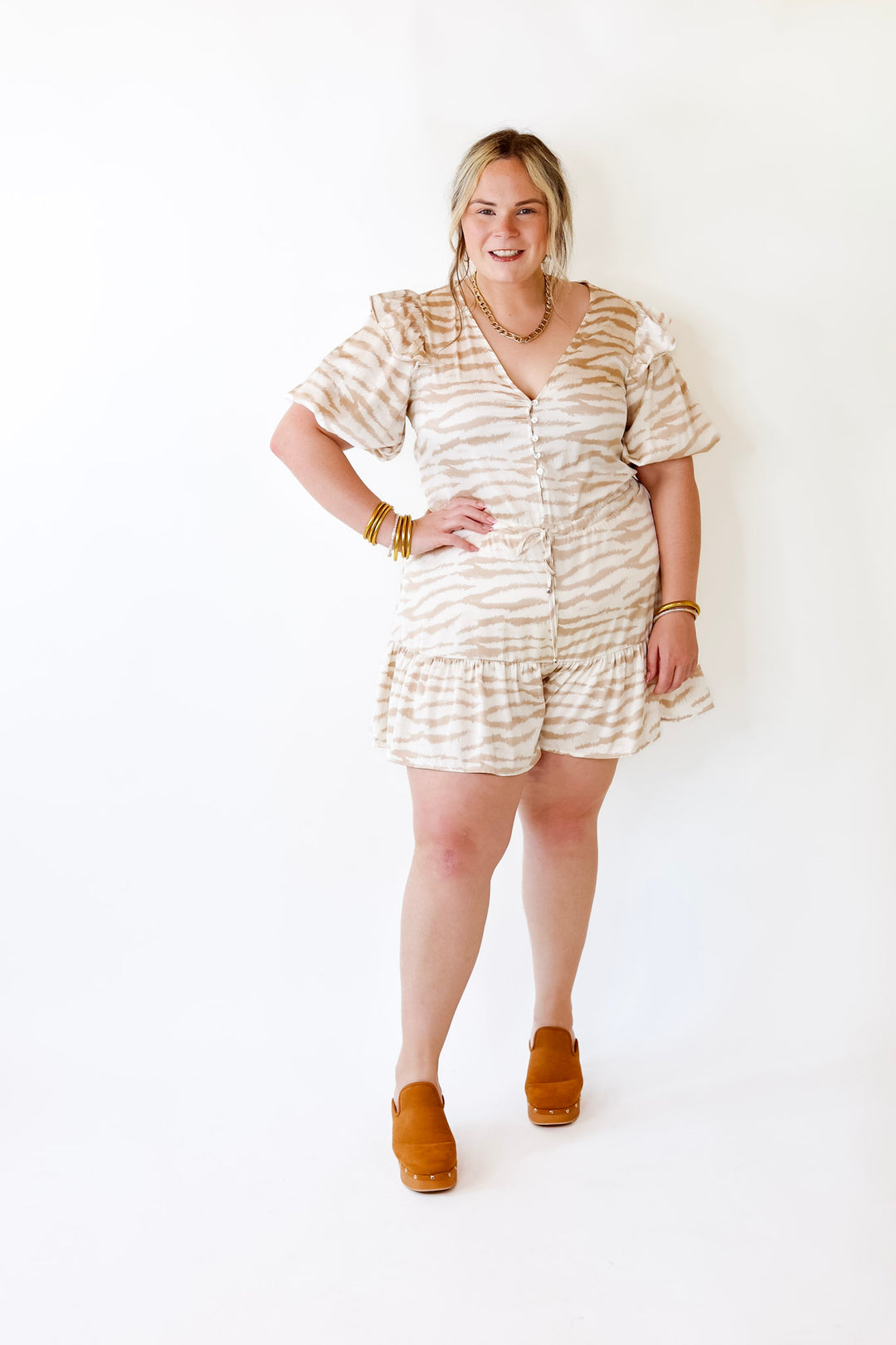 Head Turner Animal Print Romper in Beige and Cream - Giddy Up Glamour Boutique