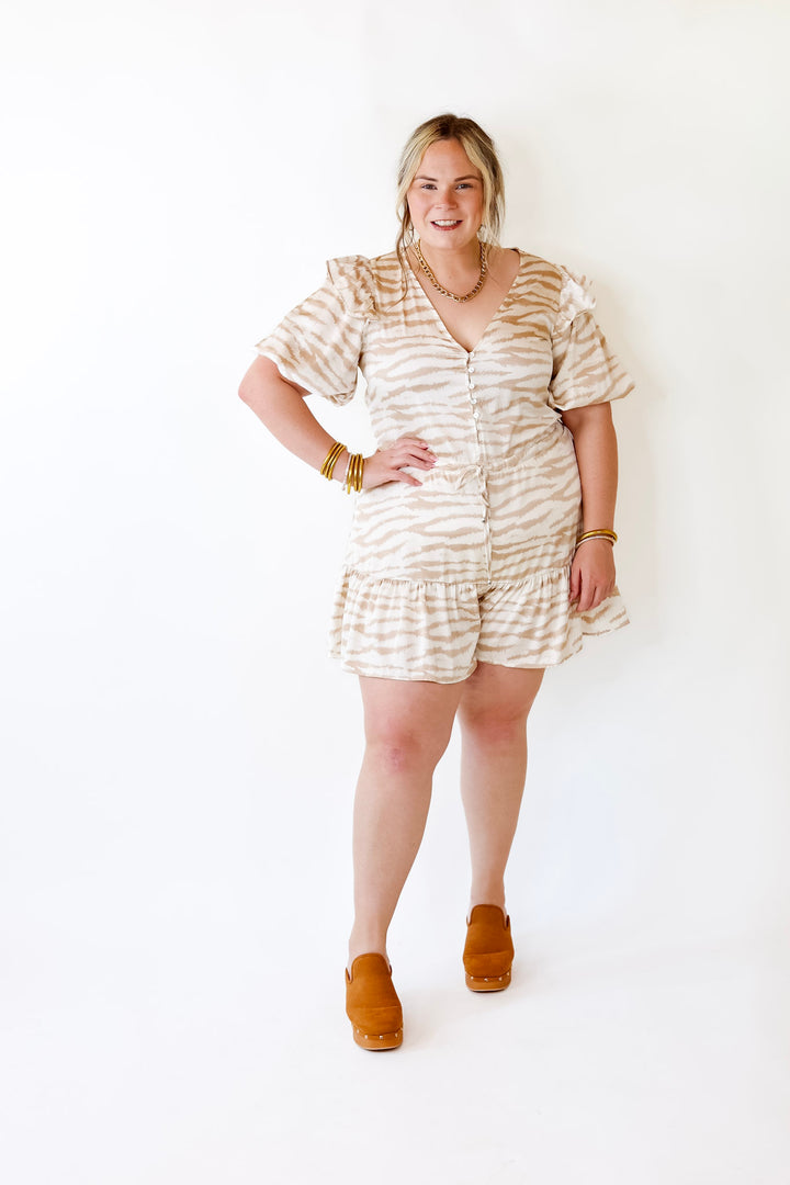 Head Turner Animal Print Romper in Beige and Cream - Giddy Up Glamour Boutique
