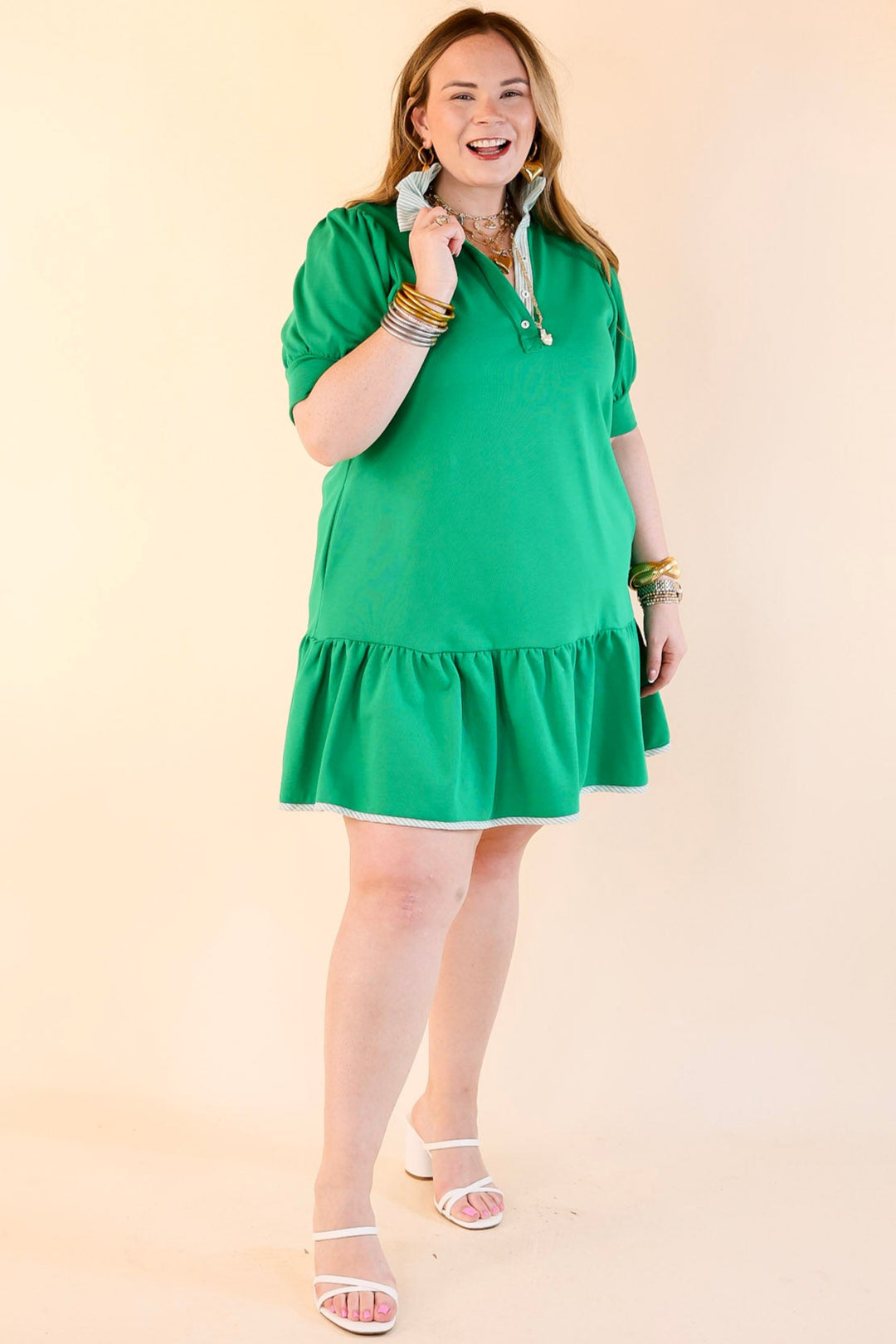 Elevated Ease Short Puff Sleeve Dress with Ruffled Collar in Kelly Green