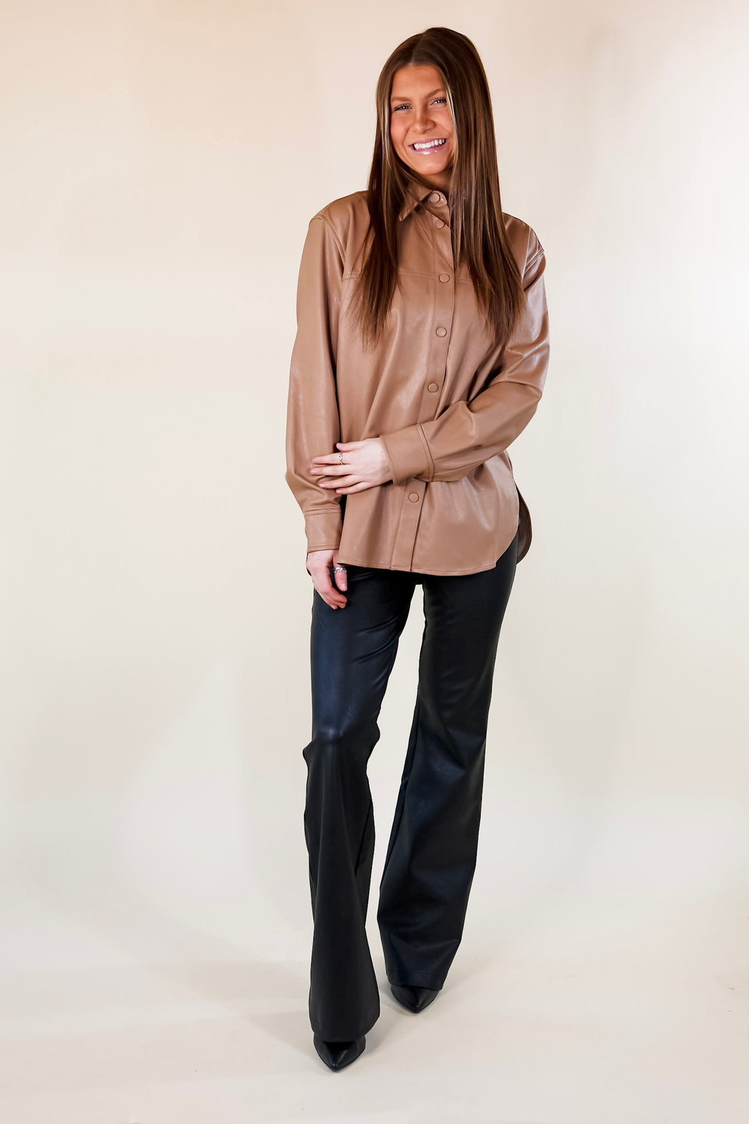 SPANX | Leather-Like Long Sleeve Oversized Shacket in Toffee - Giddy Up Glamour Boutique