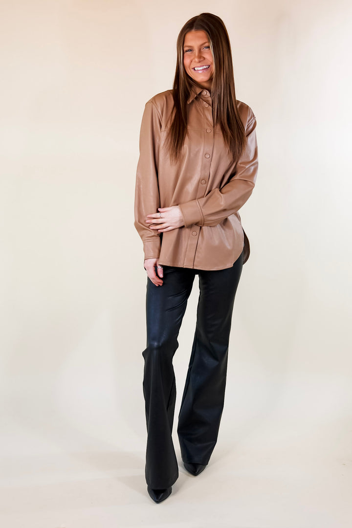 SPANX | Leather-Like Long Sleeve Oversized Shacket in Toffee - Giddy Up Glamour Boutique