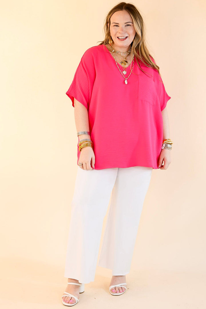 Try To Resist Short Sleeve V Neck Top with Front Pocket in Hot Pink