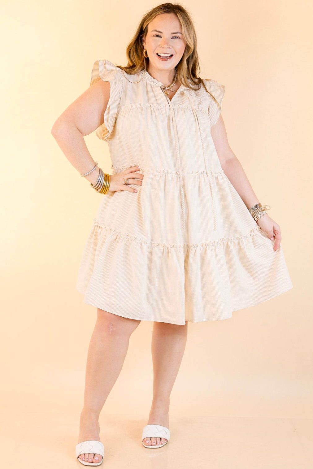 Beachfront Bliss Pin Stripe Dress with Keyhole and Tie Neck in Beige