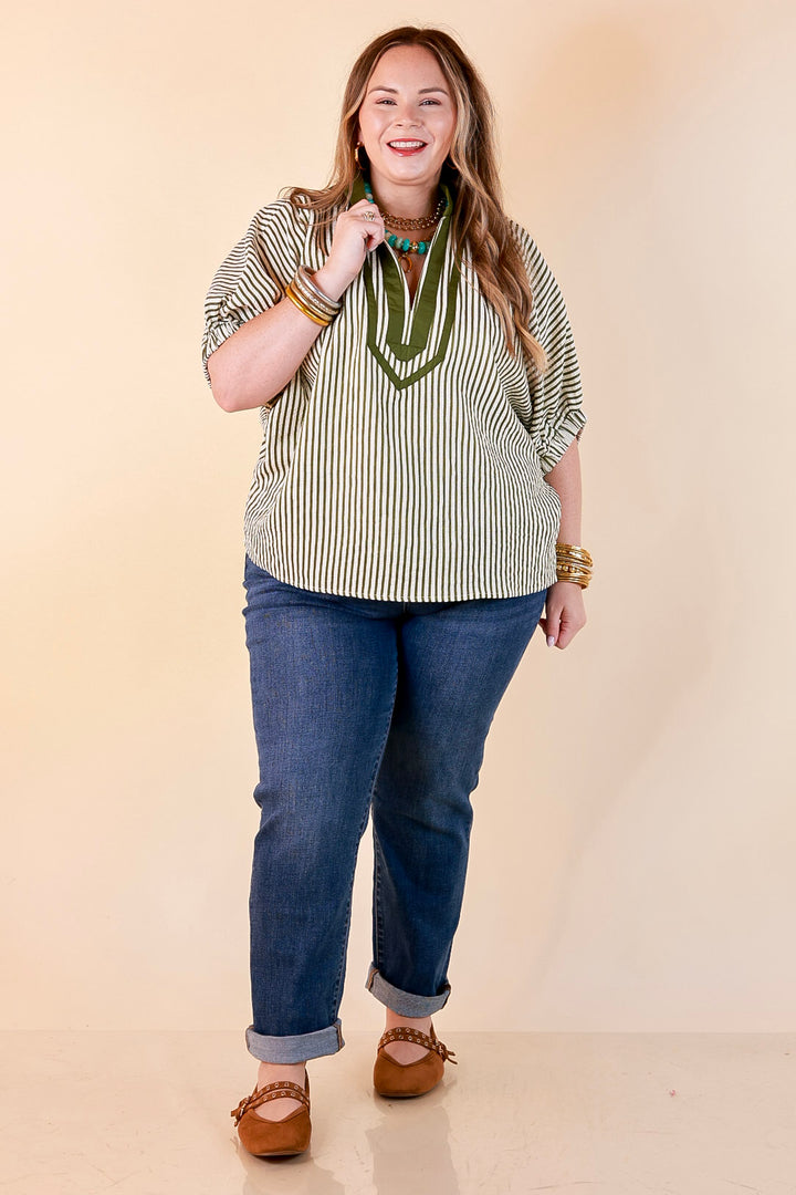 Naturally Stylish Stripe Top with Contrast Stripe Trim and Short Dolman Sleeves in Olive Green