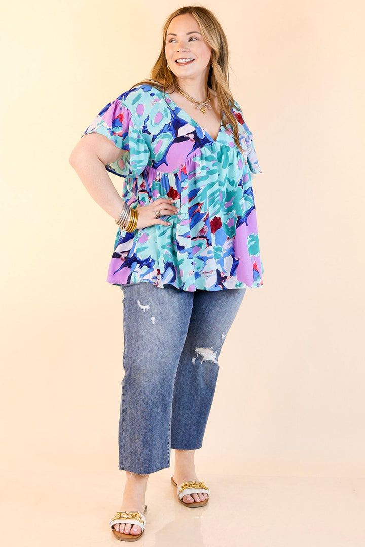 You Had Me At Aloha Watercolor Floral Top with V Neckline in Aqua Mix