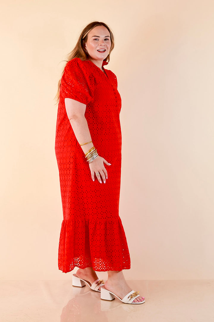 Meet Me at Sunset Eyelet Lace Puff Sleeve Tiered Maxi Dress in Red