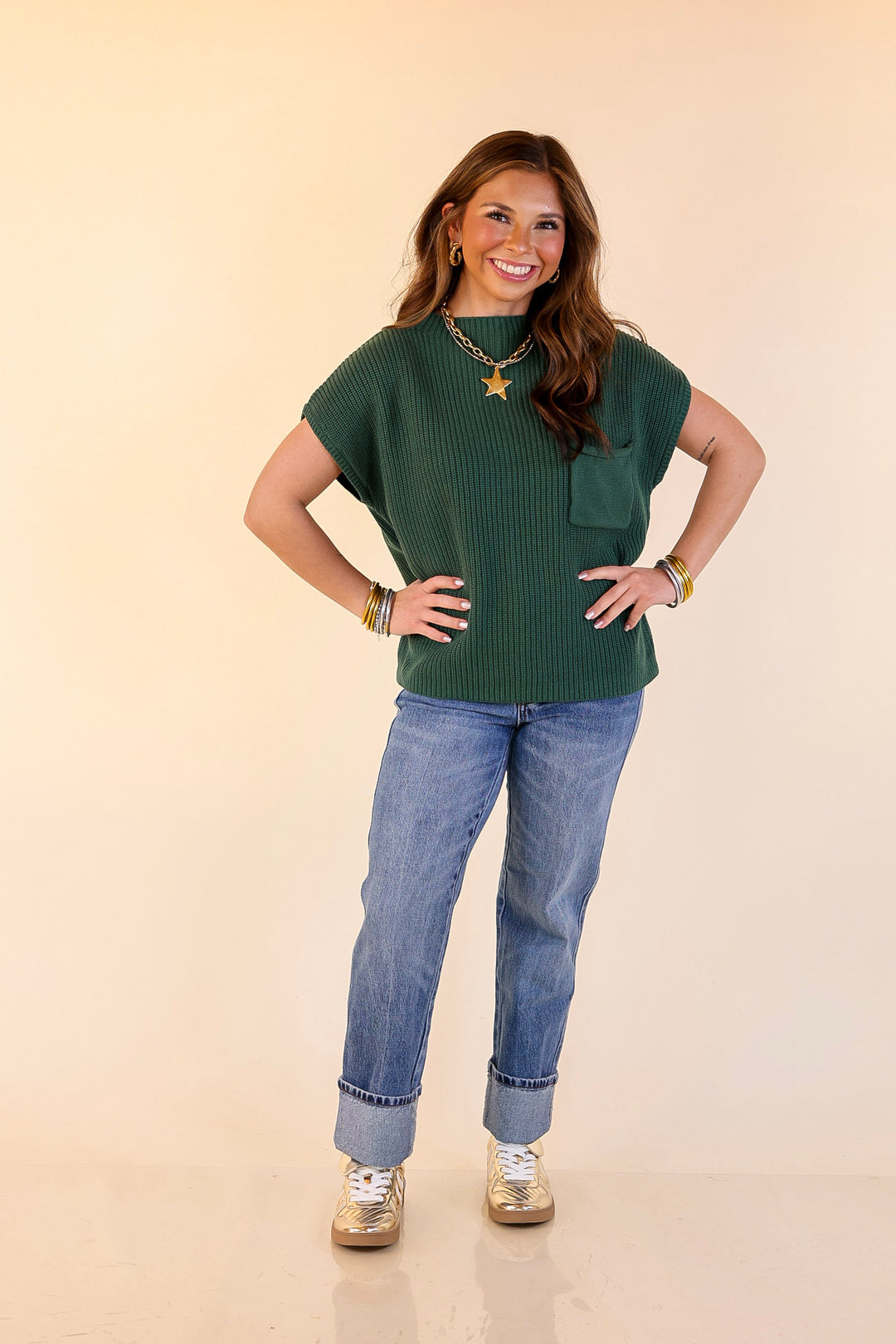 Repeat Ready Cap Sleeve Sweater with Front Pocket in Forest Green