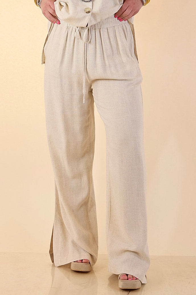 Styled in Comfort Linen Wide Leg Drawstring Pants in Oatmeal Beige