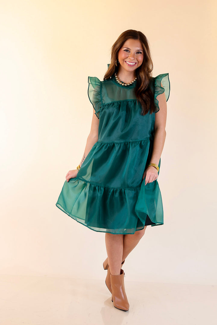 Mud Pie | Jane High Neck Sheer Tulle Ruffle Tiered Dress in Forest Green