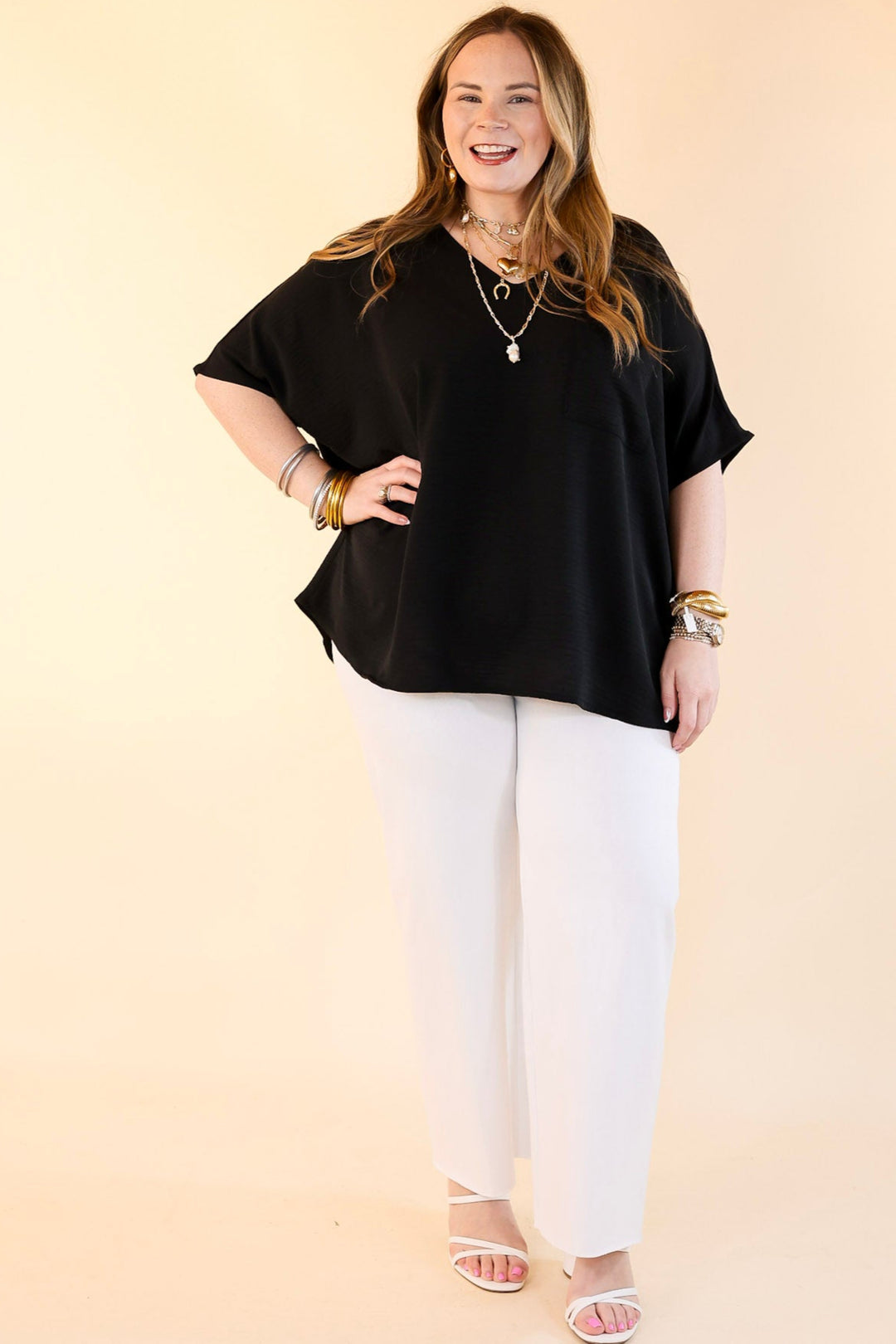 Try To Resist Short Sleeve V Neck Top with Front Pocket in Black