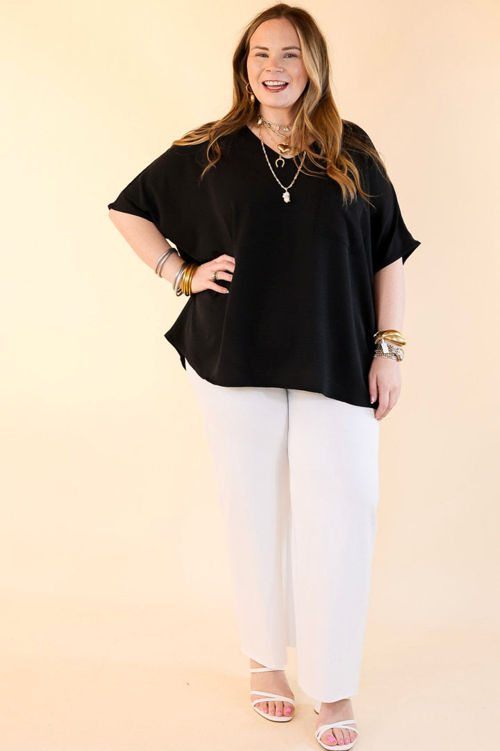 Try To Resist Short Sleeve V Neck Top with Front Pocket in Black