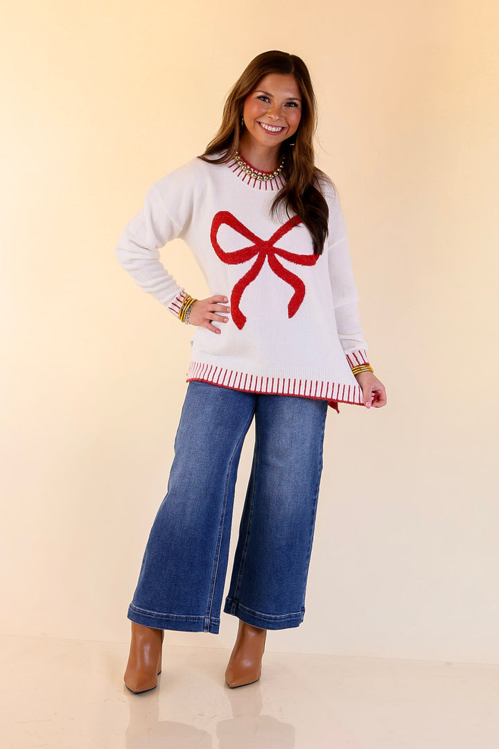 Mud Pie | Wilder Red Bow Mock Neck Sweater in Ivory