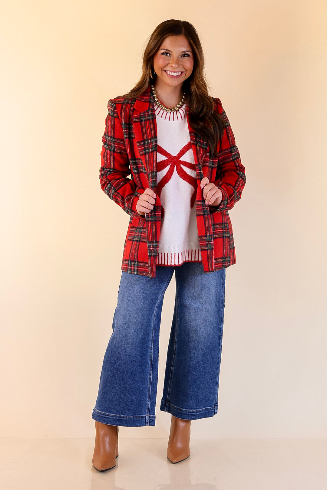 Season to Shine Long Sleeve Tartan Plaid Blazer in Red