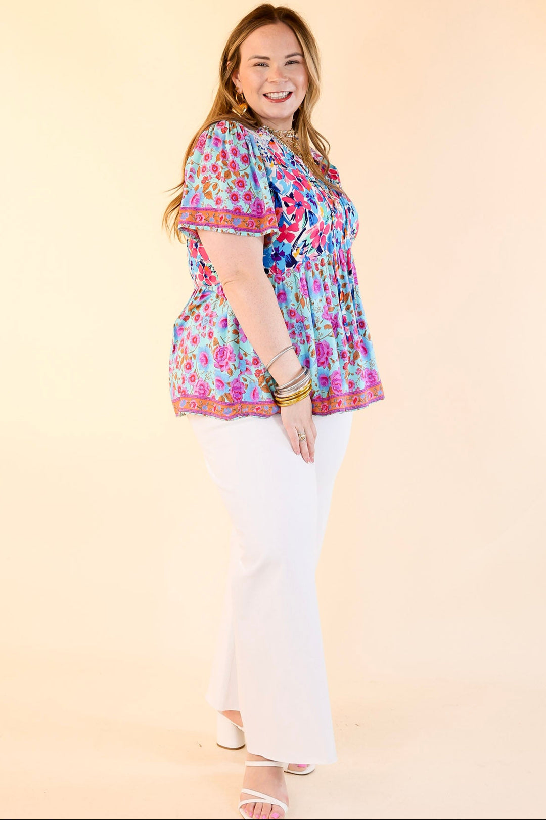 Tulip Fields Floral Print Babydoll Top in Mint Mix