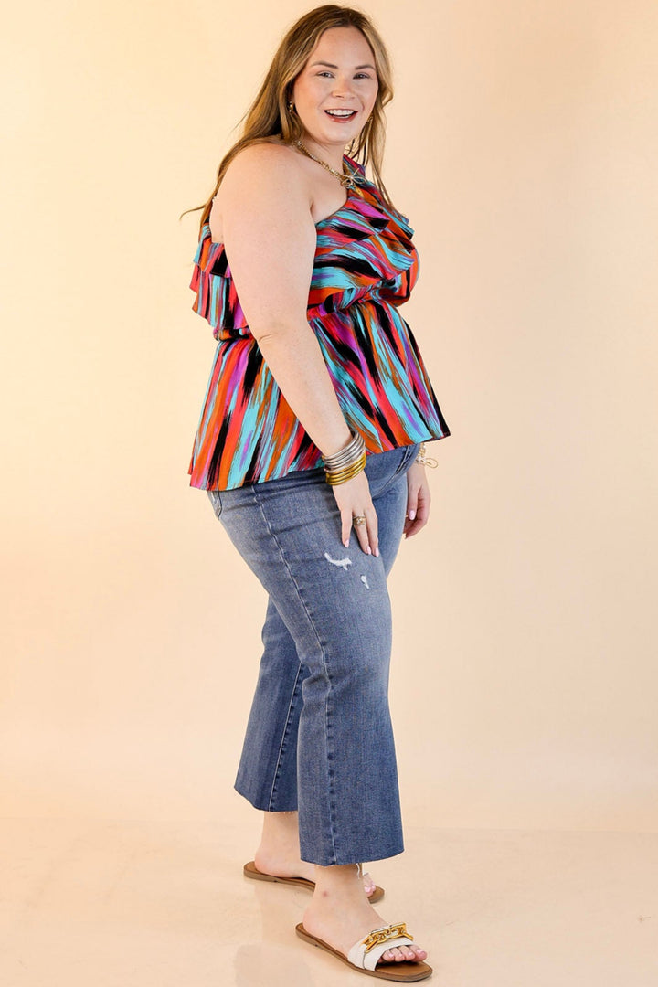 Worth Staying One Shoulder Watercolor Stripe Top in Turquoise and Red Mix