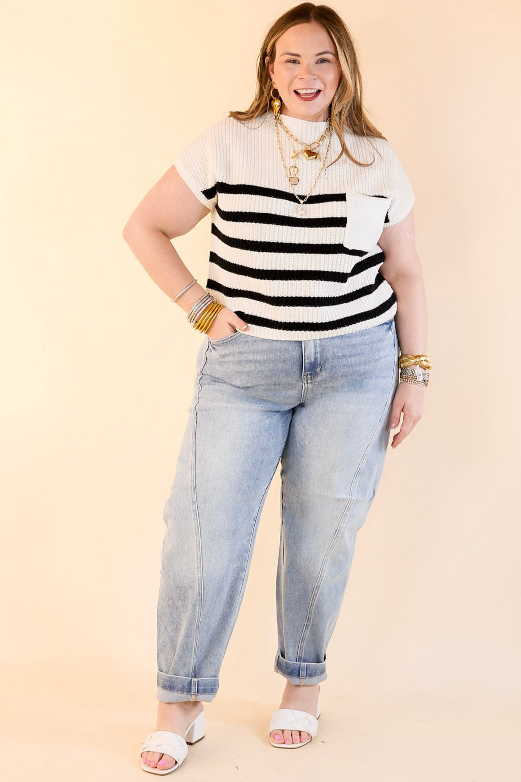 Repeat Worthy Striped Cap Sleeve Cropped Sweater with Front Pocket in Ivory